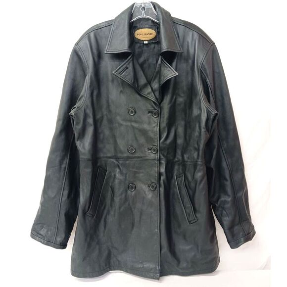 Pop's Black Leather Vintage Pea Coat Jacket - Size XL - Picture 1 of 6